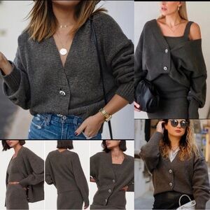 H&M Rhinestone Button Cardigan Boxy V-neck Sweater Brown Gray Size S